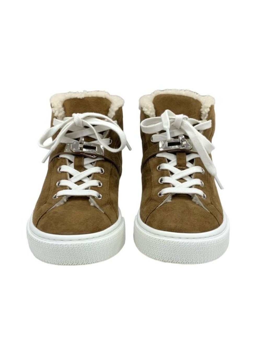 Hermes Daydream Sneakers Shoes Suede Shearling Brown Silver High Cut - Picture 2 of 10